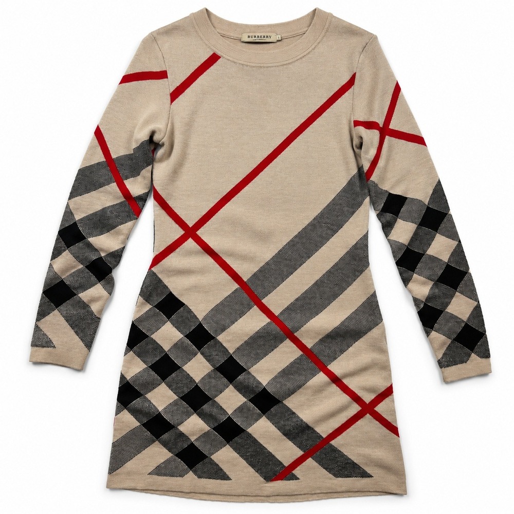 Burberry London Knit Check Dress Womens Size L Tan Red Black Long Sleeve Cotton
